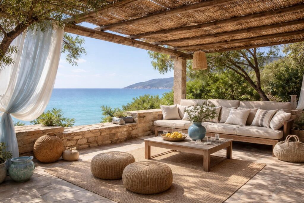Adoptez le style bord de mer corse avec matériaux bruts, bleu azur et ambiance farniente