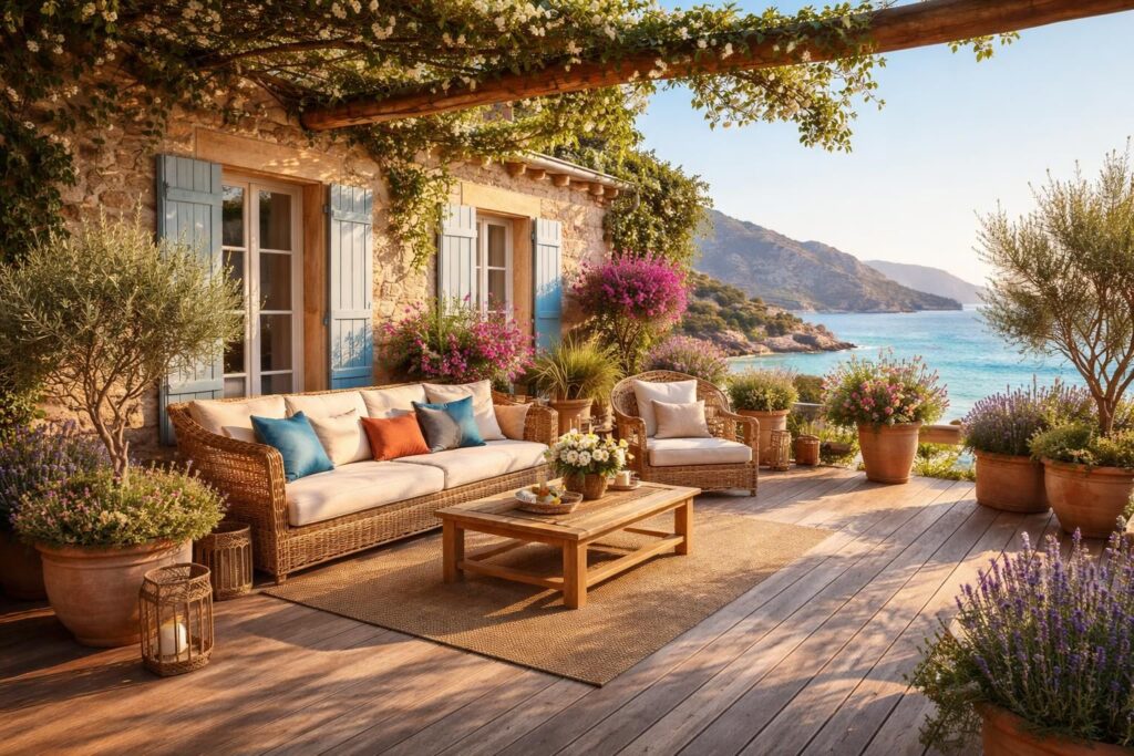 Aménager votre résidence en Corse avec terrasse en bois et décoration méditerranéenne authentique