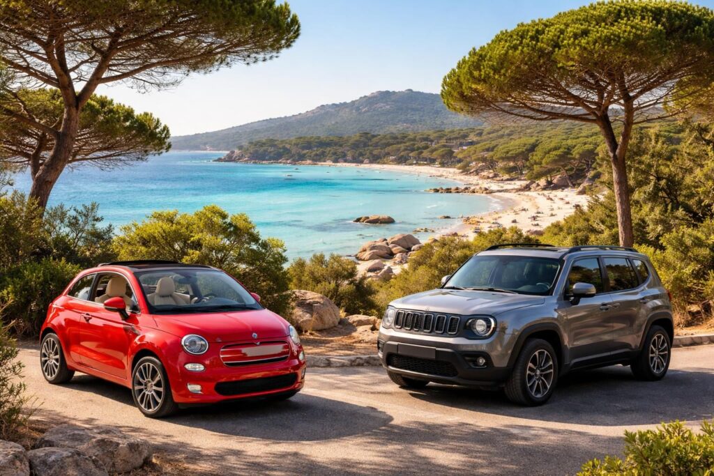Location de voiture en Corse pour Palombaggia avec Fiat 500 cabriolet et Jeep Renegade