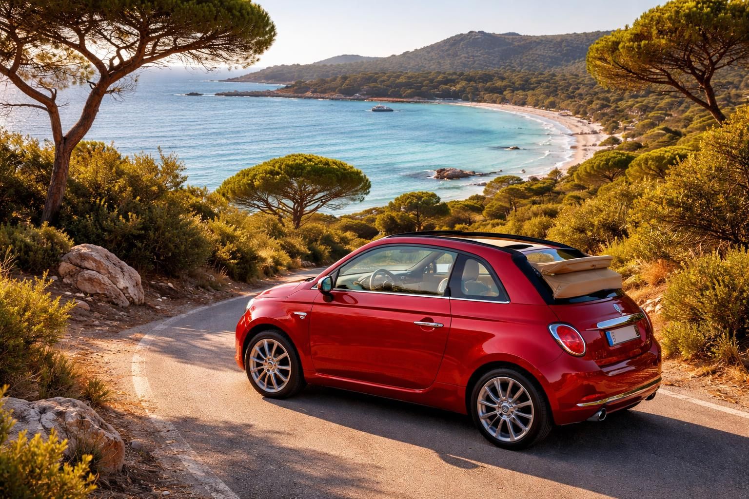 louez une fiat 500c cabriolet pour découvrir la plage de palombaggia en corse. profitez d'une balade ensoleillée et du charme insulaire au volant d'une voiture élégante et compacte.